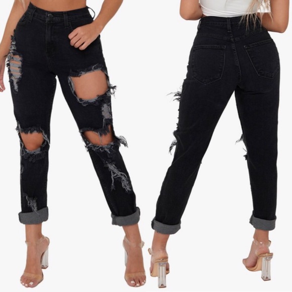 . OOTDFASH Ripped To Shreds Black Mom/Boyfriend Jeans - Picture 5 of 11